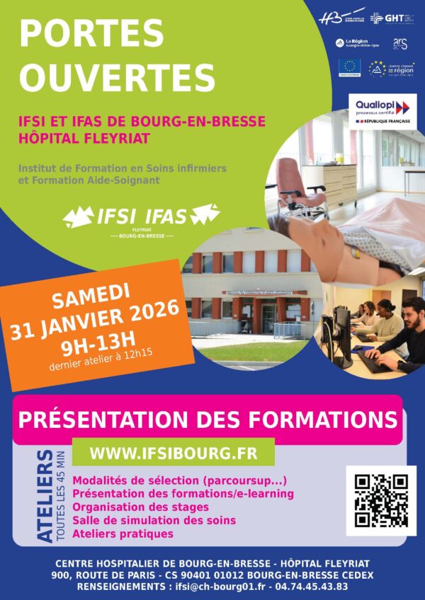 31 janvier 2025 : portes-ouvertes de l'IFSI IFAS de Bourg-en-Bresse de 9h à 13h présentation des formations. Ateliers toutes les 45 minutes.