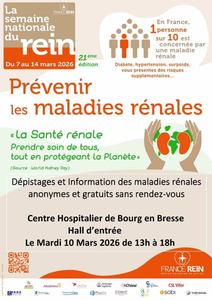 dépitage et information des maladies rénales anonymes, gratuits et sans rendez-vous le 10 mars 2026 avec France Rein au CH de Bourg-en-Bresse